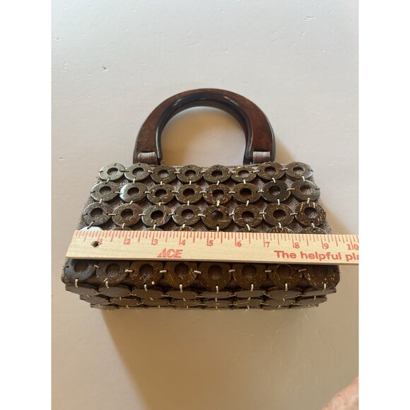 Handmade Brown coconut straw purse wood preppy top handles bag Cult Gaia-esque - Picture 10 of 14